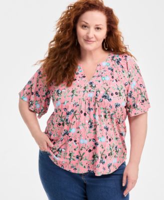 Style & Co - Plus Size Floral Trapunto-Stitch Flutter-Sleeve Top