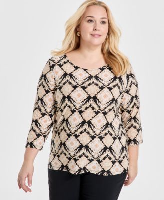 JM Collection - Plus Size Grateful Jacquard 3/4-Sleeve Top