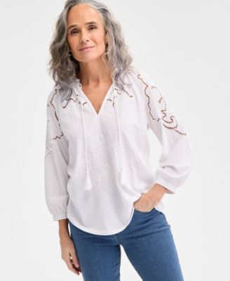 Style & Co - Petite Long-Sleeve V-Neck Embroidered Top
