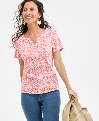 Style & Co - Petite Squares Printed Short-Sleeve Henley Top