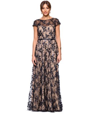 XSCAPE - Women's Boat-Neck Cap-Sleeve 3D-Rosette Gown